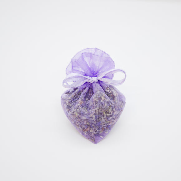 Lavender buds in small heart shaped lavender colored organza bag