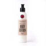 Tall clear plastic bottle with black pump top of Pomegranate Lotion
