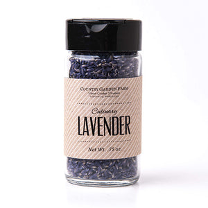 Clear glass bottle with black flip top of culinary lavender buds