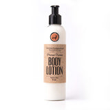 Tall clear plastic bottle with black pump top of Papaya-Coconut lotion